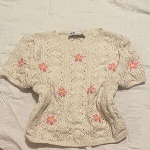 Zara Cream Knit Sweater with Pink Accents
